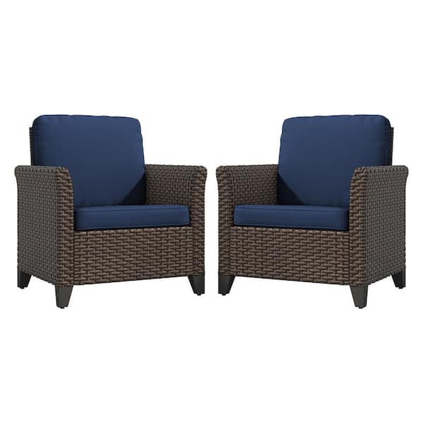 LATTOY 2-Piece Wicker Patio Outdoor Lounge Chair with Blue Cushions