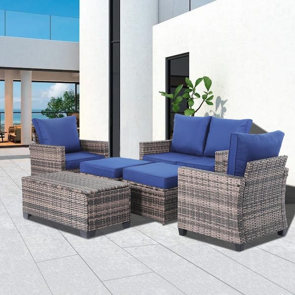 Decksplore 6-Piece Outdoor Patio Wicker Furniture Set with Storage Coffee Table and Blue Cushions