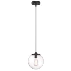 9 in. 1-Light Matte Black Pendant Hanging Light with Clear Bubbles Glass Shade