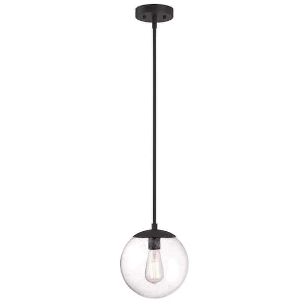 Uixe 9 in. 1-Light Matte Black Pendant Hanging Light with Clear Bubbles Glass Shade