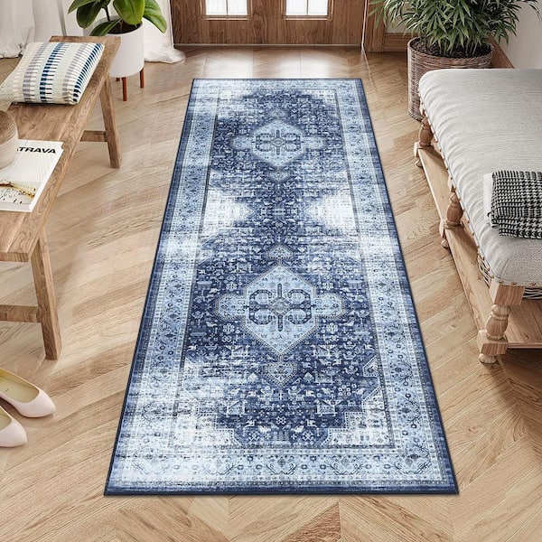 Machine Washable Carpet Retro Print Rug Anti-fouling and Anti-slip for Bedroom Living Room Office Blue 2X6ft