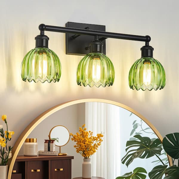 19.6 in. 3-Light Modern Black Bathroom Vanity Light with Green Tulip Glass Shade