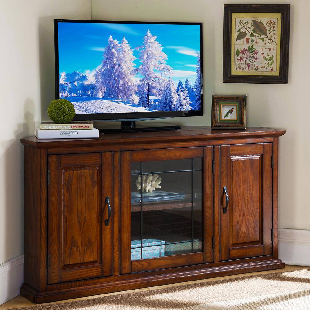 Burnished Oak 50" Corner TV Stand with Leaded Glass Doors