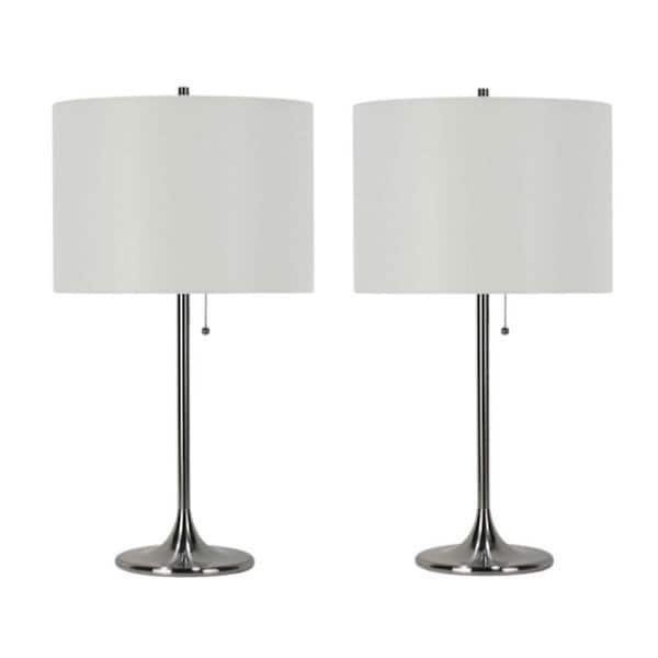 Pair of 26.5 in. Brushed Steel Metal Column Table Lamps with Designer Shades