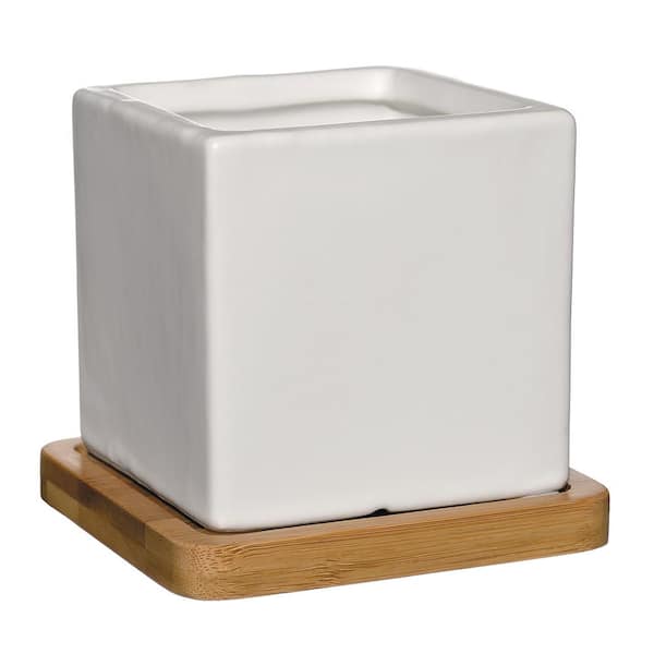 Unbranded Nova 3.5 in. White Ceramic Square Planter with Tray