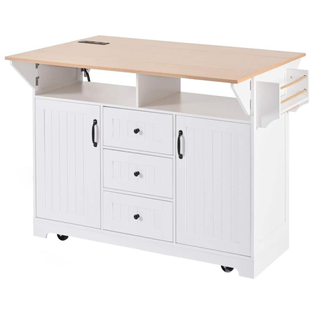 White 55.7 in. Kitchen Island with Drop Leaf, Power Outlet, 3 Drawers & Storage Cabinet, Rolling Cart