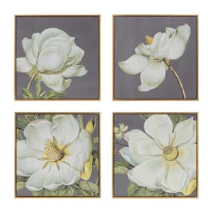Framed Art Print 20 in. W. x 20 in. Set of 4-White and Gold Botanical Wall Art Prints Living Room Bedroom and Hallway