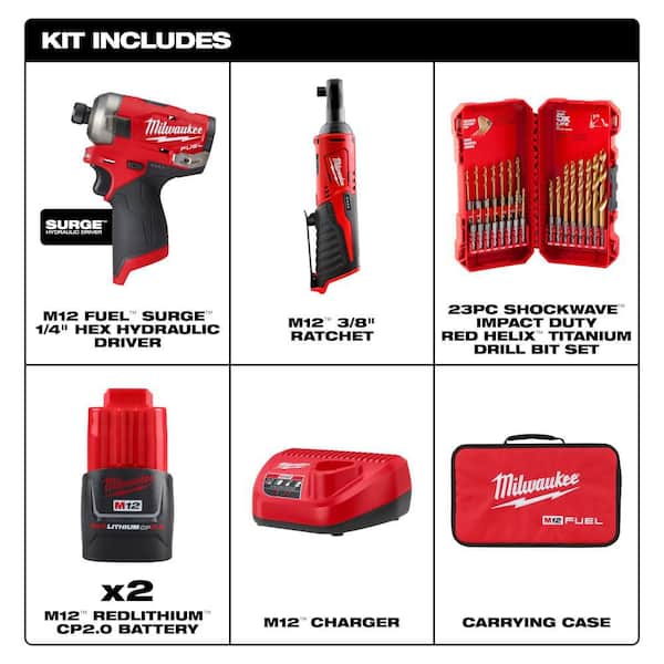 M12 FUEL SURGE 12V 1/4 in. Hex Impact Driver Kit w/ (2) 2. 0Ah Batteries, Bag with M12 3/8 in. Ratchet with 23-Pc Set