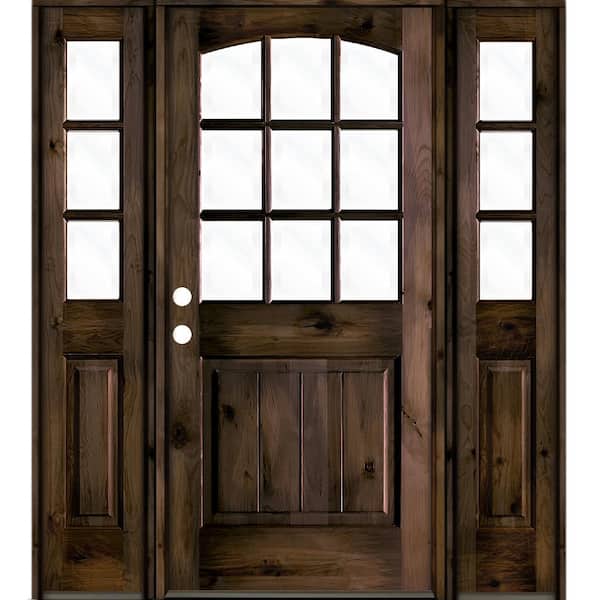 Krosswood Doors 64 in. x 80 in. Knotty Alder Right-Hand/Inswing 9-Lite Clear Glass Black Stain Wood Prehung Front Door with Sidelites