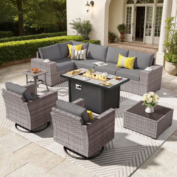 Beatrice 10-Piece Wicker Patio Rectangular Fire Pit Set with Drak Gray Cushions and Swivel Rocking Chairs