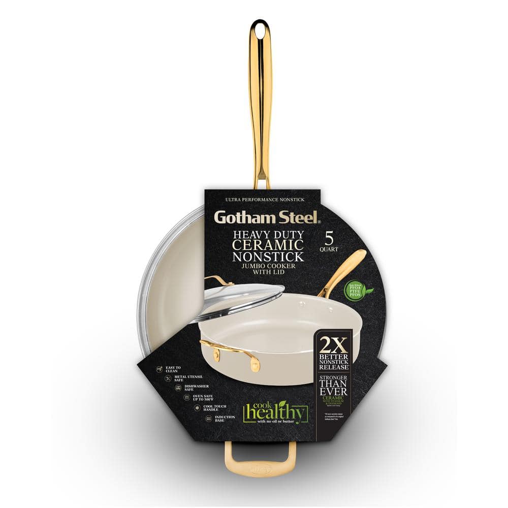 Cream 5.5 Qt Nonstick Ceramic Jumbo Cooker with Gold Handles