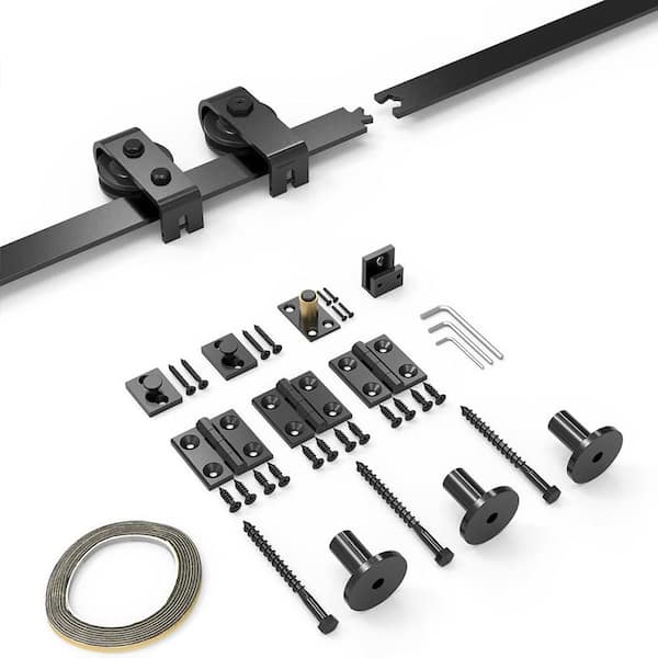WINSOON 4 ft. /48 in. J Shape Frosted Black Top Mount Bi-Fold Sliding Barn Door Hardware Track Kit for Double Doors