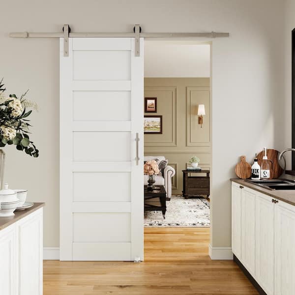 ARK DESIGN 30 in. x 80 in. White Primed 5-Lite Pattern Paneled MDF Sliding Barn Door with Hardware Kit Nickel Plated