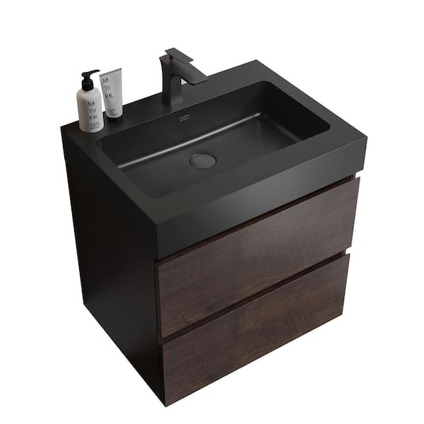 INSTER NOBLE 24 in. W x 18 in. D x 25 in. H Single Sink Floating Bath Vanity in Wood with Black Solid Surface Top (No Faucet)