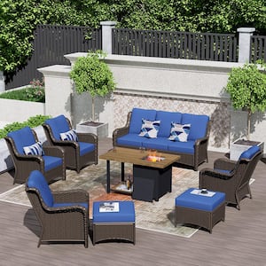 Joyoung Brown 8-Piece Wicker Outdoor Patio Fire Pit Table Conversation Seating Set with Navy Blue Cushions