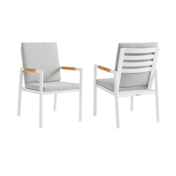 Armen Living Royal White Aluminum and Teak Outdoor Dining Chair with Light Gray Fabric - Set of 2