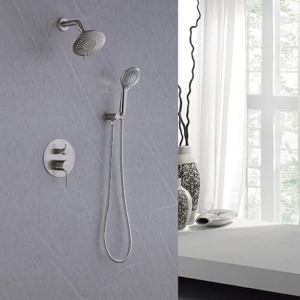 Single Handle 4-Spray Round Shower Faucet 2.5 Gpm with Detachable Handheld Shower in Brushed Nickel (Valve Included)