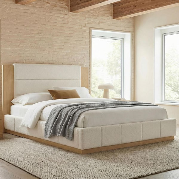 White Wood Frame King Size Boucle Upholstered Platform Bed with 49 in. Tall Headboard, Fully Padded Surround
