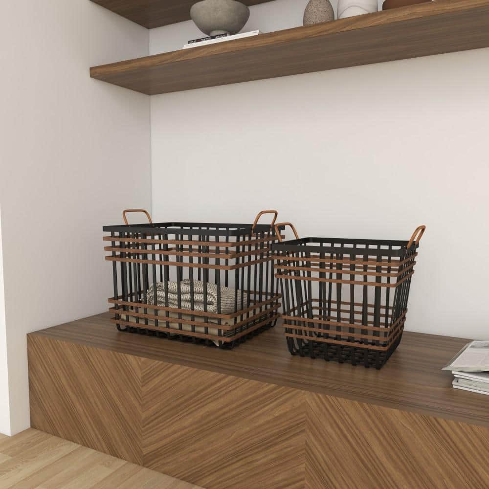 Black and Brown Seagrass Rectangular Storage Baskets with Handles, Set of 2