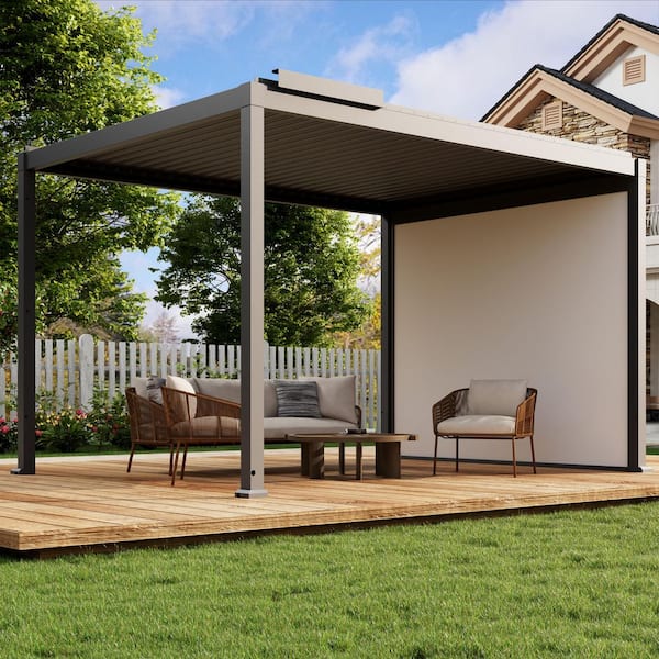 10 ft. x 13 ft. Gray Aluminum Louvered Pergola with LED Lights, Remote Control and Electric Projector Screen