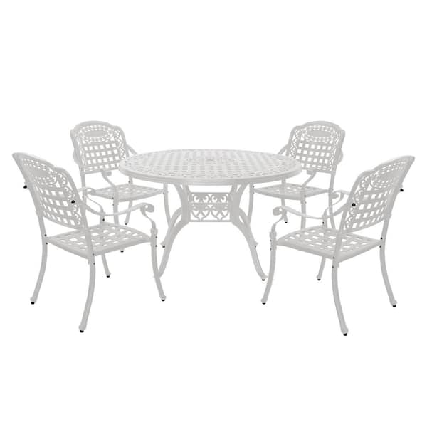 Clihome White 5 Pieces Cast Aluminum Patio Dining Set with Carved Pattern
