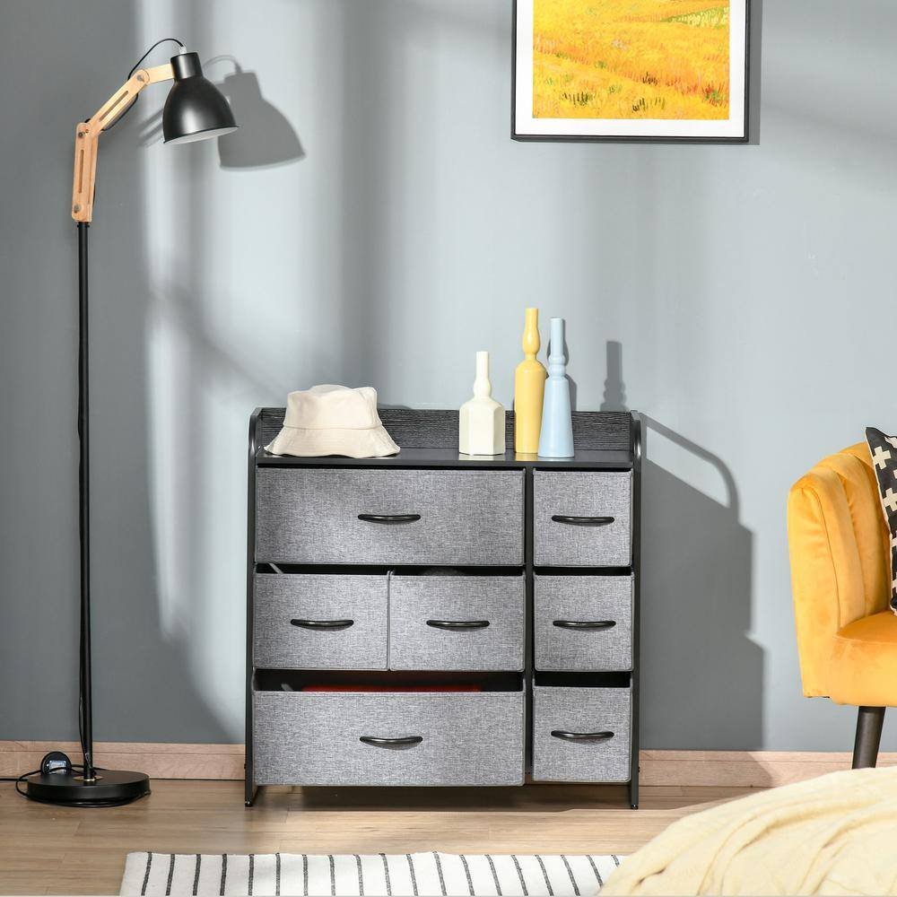 Gray Fabric 7-Drawer Dresser with Dark Wood Top and Steel Frame
