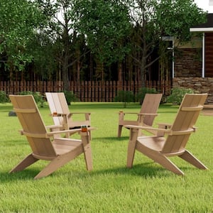 Teak Weather Resistant Plastic Outdoor Patio Adirondack Chair with Cup Holder (set of 4)