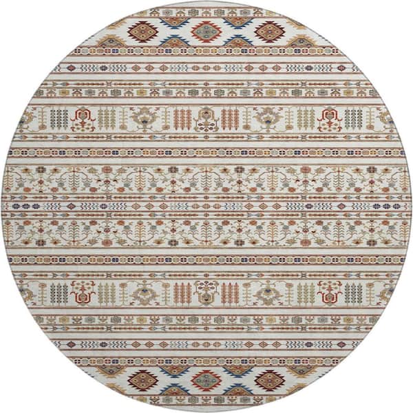 Mayfield Premium Machine Washable Abstract AMF2244 Ivory 8 ft. x 8 ft. Round Rug