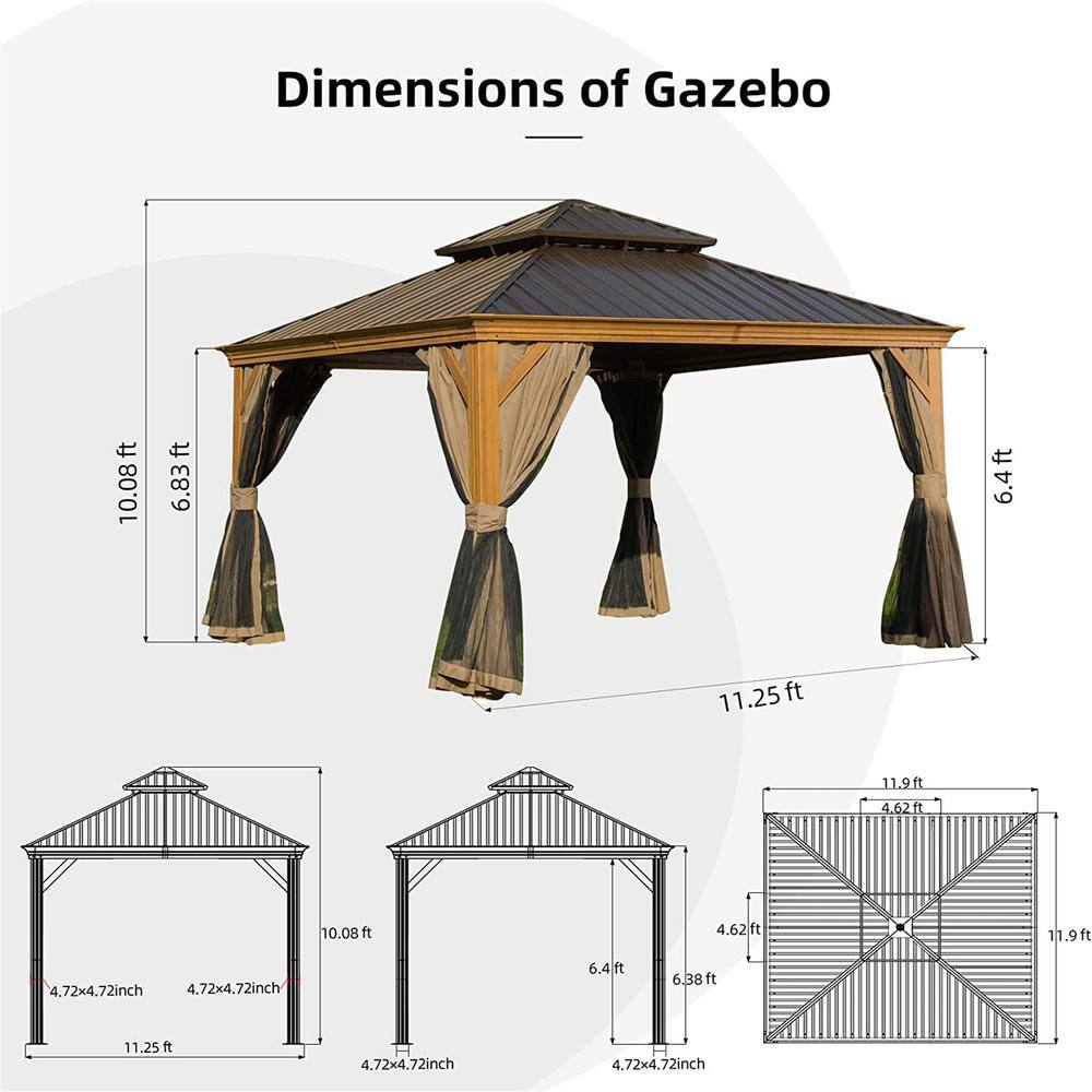 12 ft x 12 ft Brown Aluminum Hardtop Patio Gazebo with Curtains
