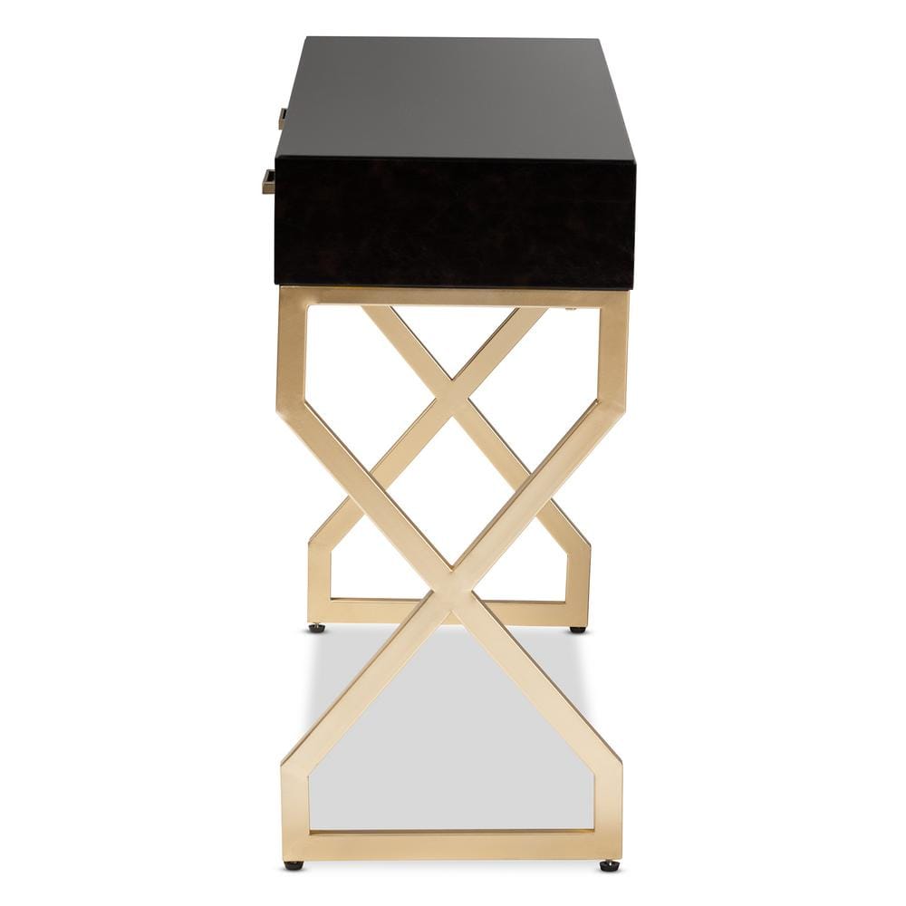 Carville Gold-Finished Metal & Dark Brown Faux Leather Console Table with Glass Top