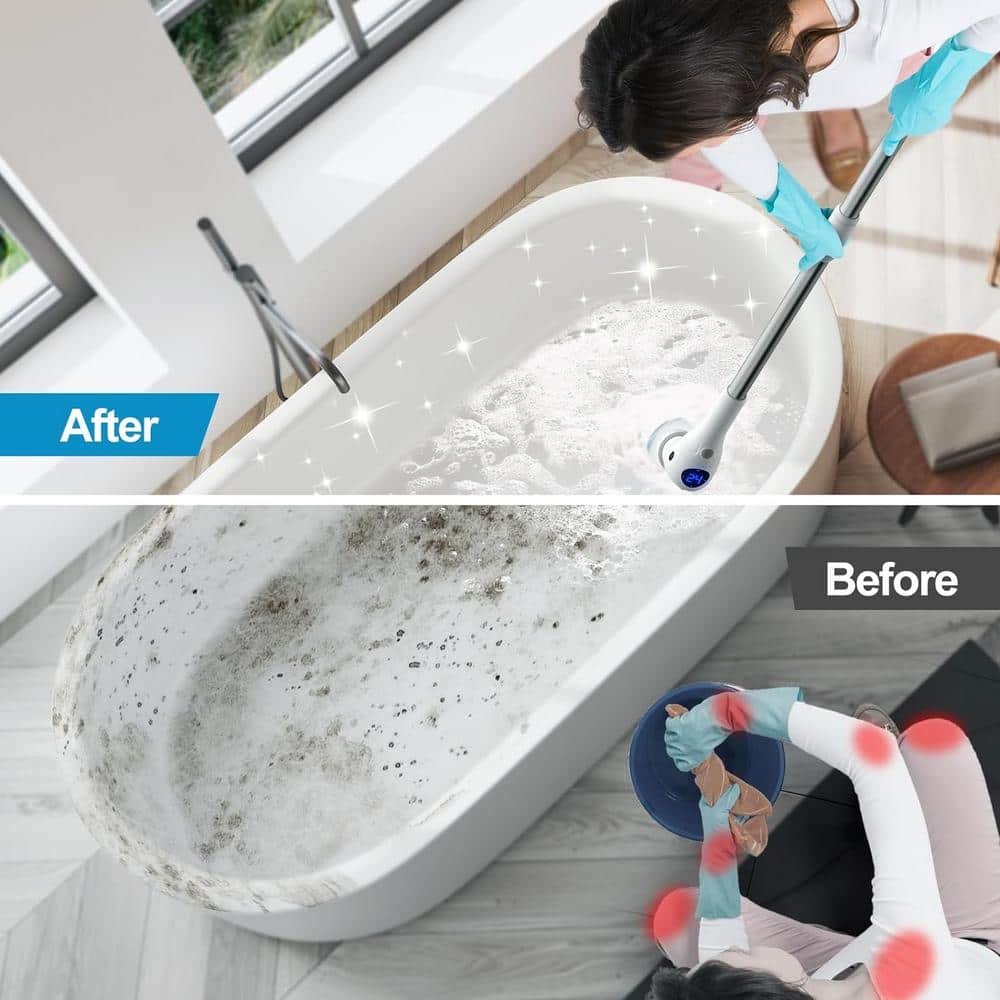 White Electric Spin Scrubber with Carbon Fiber Bristles and Adjustable Handle