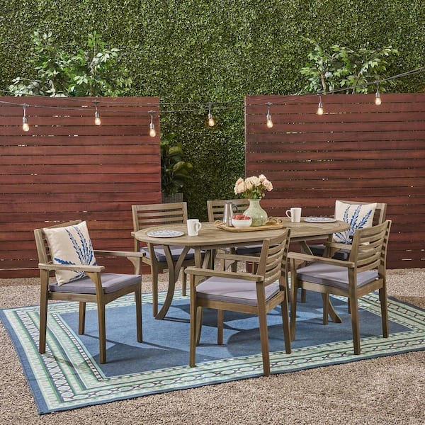 Noble House Casa 30 in. Grey 7-Piece Wood Oval Patio Outdoor Dining Set with Dark Grey Cushions