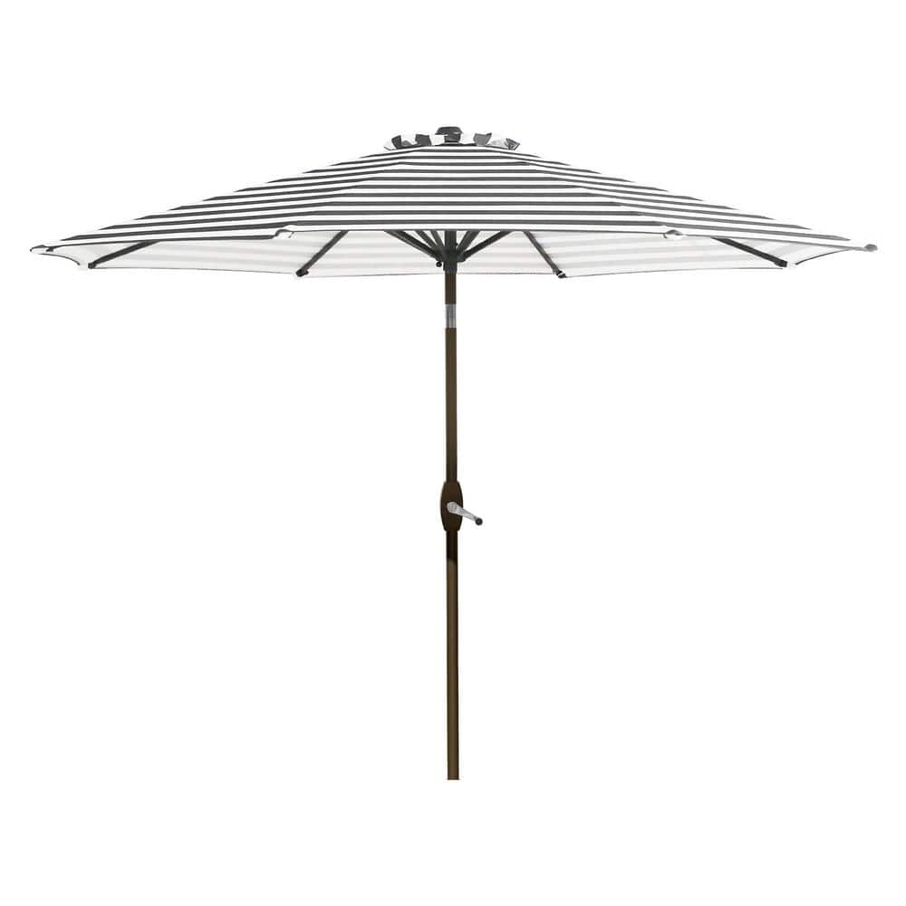 Gray and White Striped 9 Ft Steel Patio Umbrella with Tilt and Crank