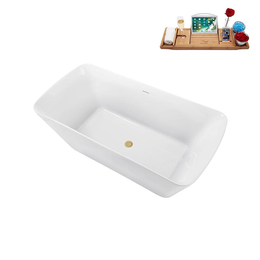 59" Glossy White Freestanding Acrylic Soaking Bathtub with Brushed Brass Drain