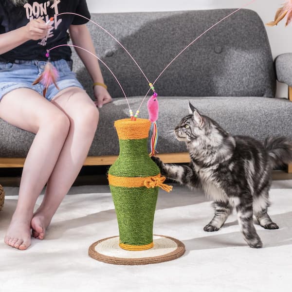 Tatayosi 1-Layer Turntable Cat Ball Toy with Feather Stick, 5 Interactive Balls and Cat Scratching Post with Mat