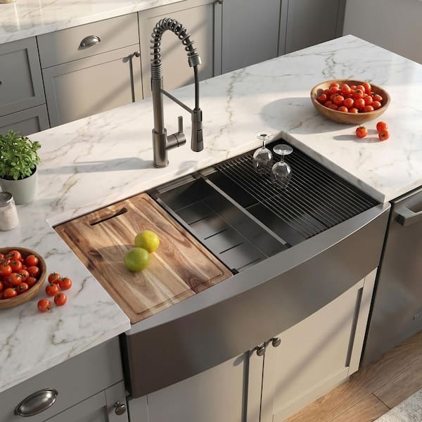 36 in. Farmhouse/Apron-Front Single Bowl 18 Gauge Gunmetal Black Stainless Steel Workstation Kitchen Sink