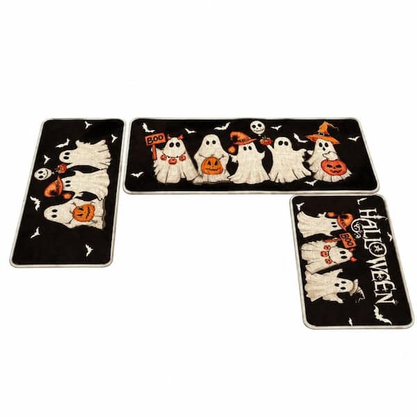 Black Halloween Printed Polyester Rubber Kitchen Mats Set of 3 17 in x 29 in 17 in x 36 in 17 in x 47 in