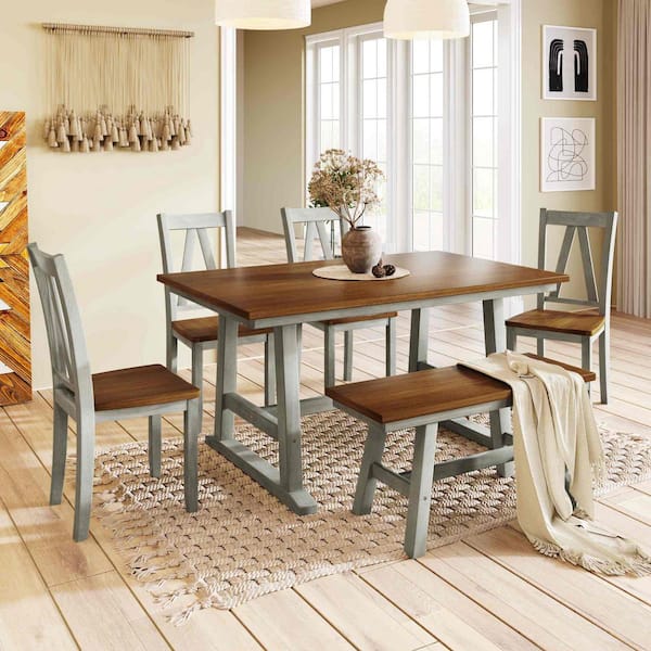 Polibi 6-Piece Farmhouse Gray Wood Top Dining Room Set Seats 5 RS-16343 ...
