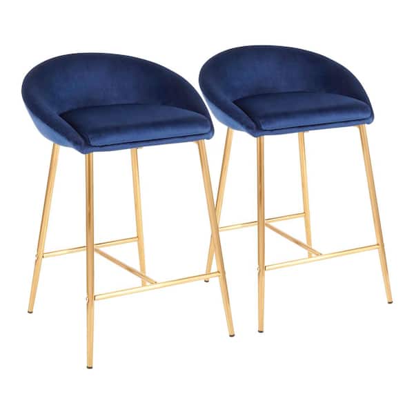 Lumisource Matisse 26 in. Gold and Blue Velvet Upholstered Counter Stool (Set of 2)