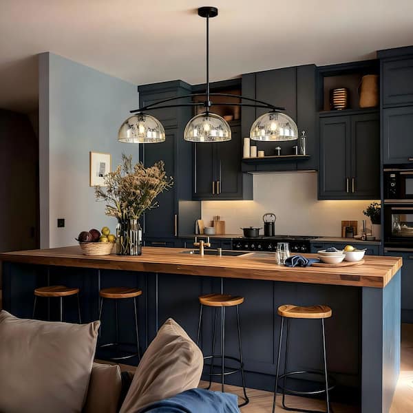 Farmhouse 45.3 in.W 3-Light Island Pendant Light, Modern Black Pendant Light for Dining Room with Dome Mercury Glass