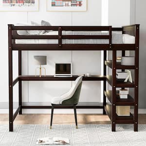 Espresso Rubber Wooden Full Size Loft Bed with Storage Shelves and Under-Bed Desk
