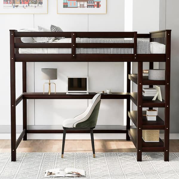 Qualler Espresso Rubber Wooden Full Size Loft Bed with Storage Shelves and Under-Bed Desk