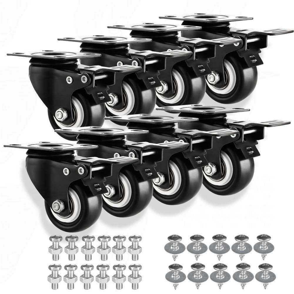 2" Black Heavy-Duty Industrial Caster Wheels Set of 8