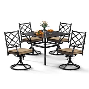 Black 5-Piece Metal Square Table with 1.57 in. Umbrella Hole Outdoor Dining Set and Swivel Chair with Beige Cushion