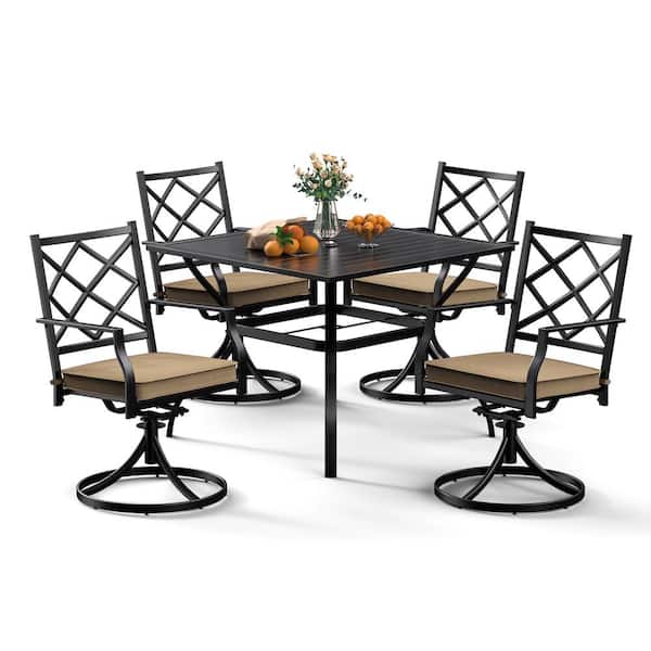Bigroof Black 5-Piece Metal Square Table with 1.57 in. Umbrella Hole Outdoor Dining Set and Swivel Chair with Beige Cushion