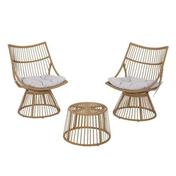 Noble House Jabe Light Brown 3-Piece Wicker Outdoor Patio Conversation Set with Beige Cushions
