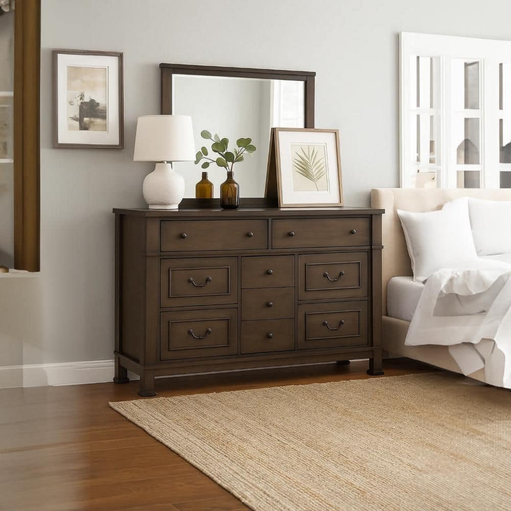 Benjara Huder Wide Dresser, 9 Drawers, Dark Walnut Brown Solid Wood, Black Benjara Huder Wide Dresser, 9 Drawers, Dark Walnut Brown Solid Wood, Black
