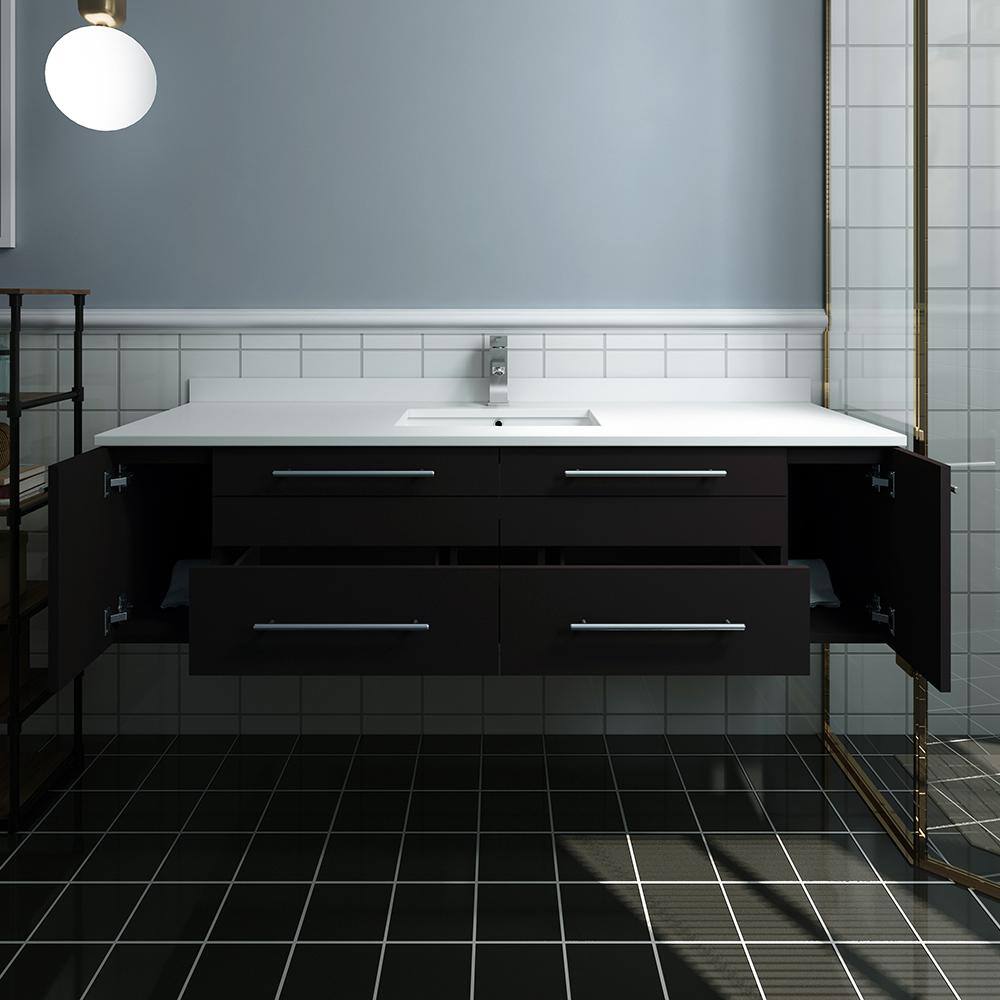 Espresso 60'' Wall-Mount Vanity with Quartz Top and Ceramic Sink