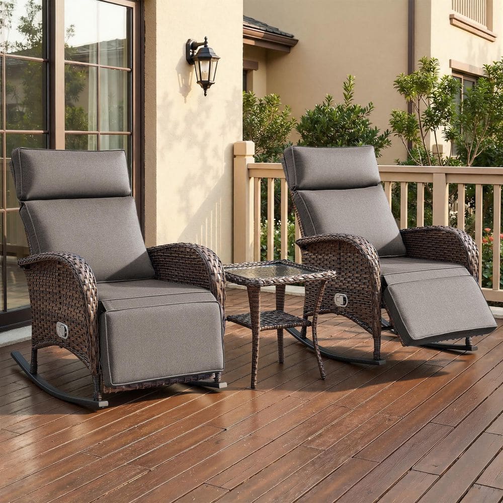 Luna 3-Piece Brown Wicker Outdoor Adjustable Rocker Recliner with Gray Cushions and Side Table price history on PriceWatchPro