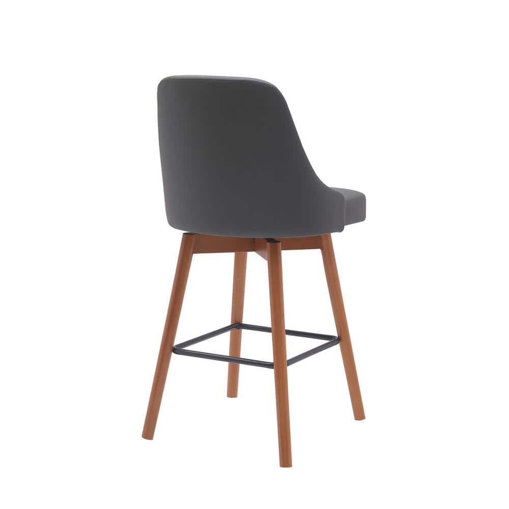 Gray Faux Leather Swivel Counter Stool with Walnut Wood Legs
